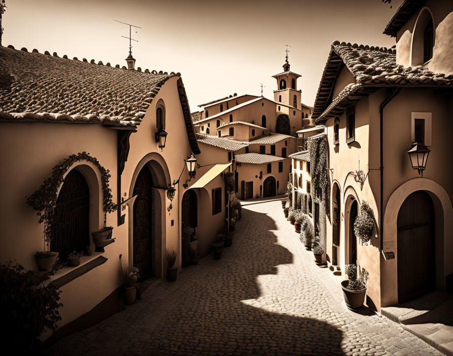 Sepia-Toned European Alley with Arched Doorways and Bell Tower