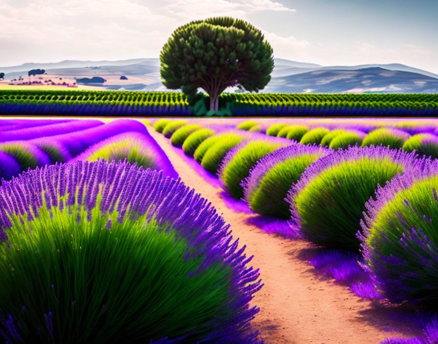 Lavender fields with meandering path, lone tree, rolling hills, pastel sky