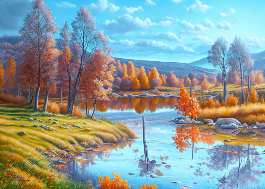 Colorful autumn landscape with reflective lake and vibrant foliage