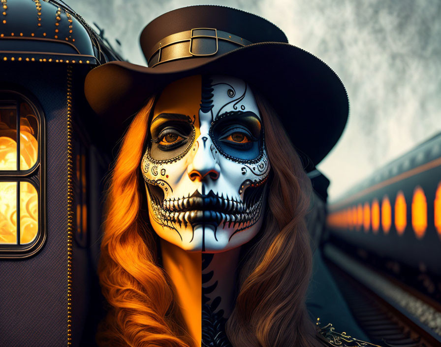 Red-haired person in cowboy hat with Dia de los Muertos skull makeup by train at twilight
