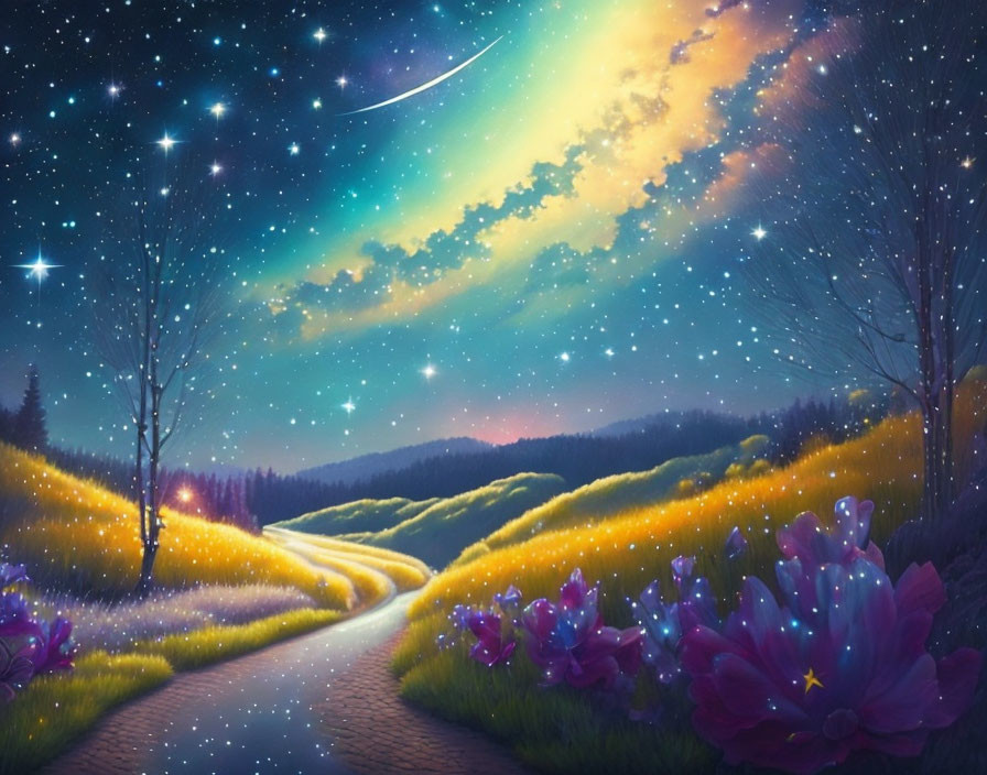 Whimsical night landscape with starry sky, shooting star, winding path, illuminated hills, purple