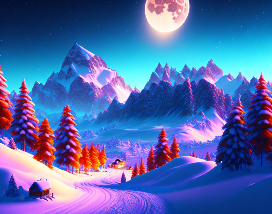 Snowy mountains, red pine trees, moon, cozy cabin in vivid winter night scene