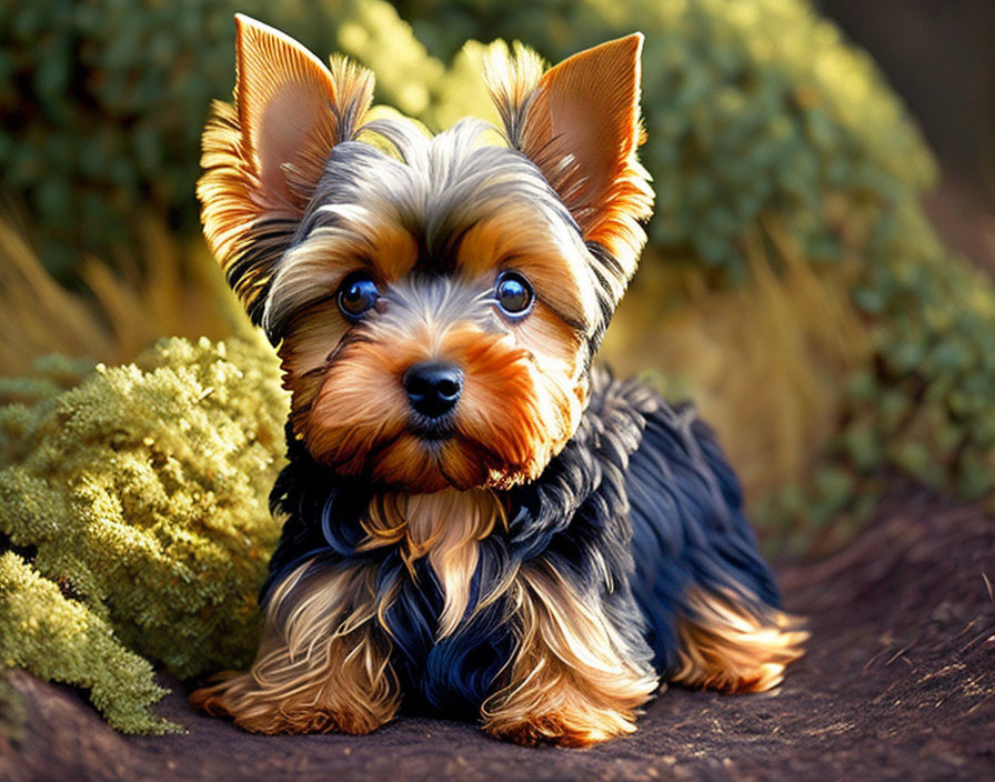 Shiny Yorkshire Terrier with Pointy Ears Outdoors