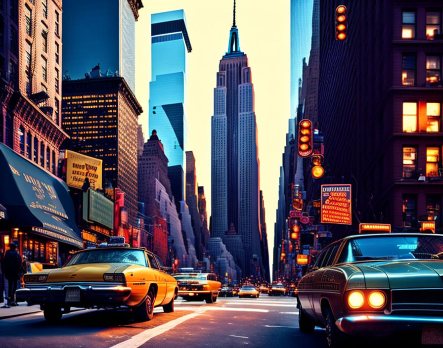 Vibrant city street at dusk with vintage cars and skyscrapers