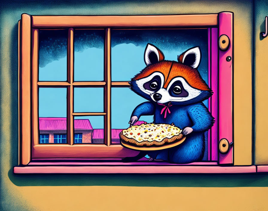 Illustrated raccoon in blue sweater with pizza pie by open window at sunset