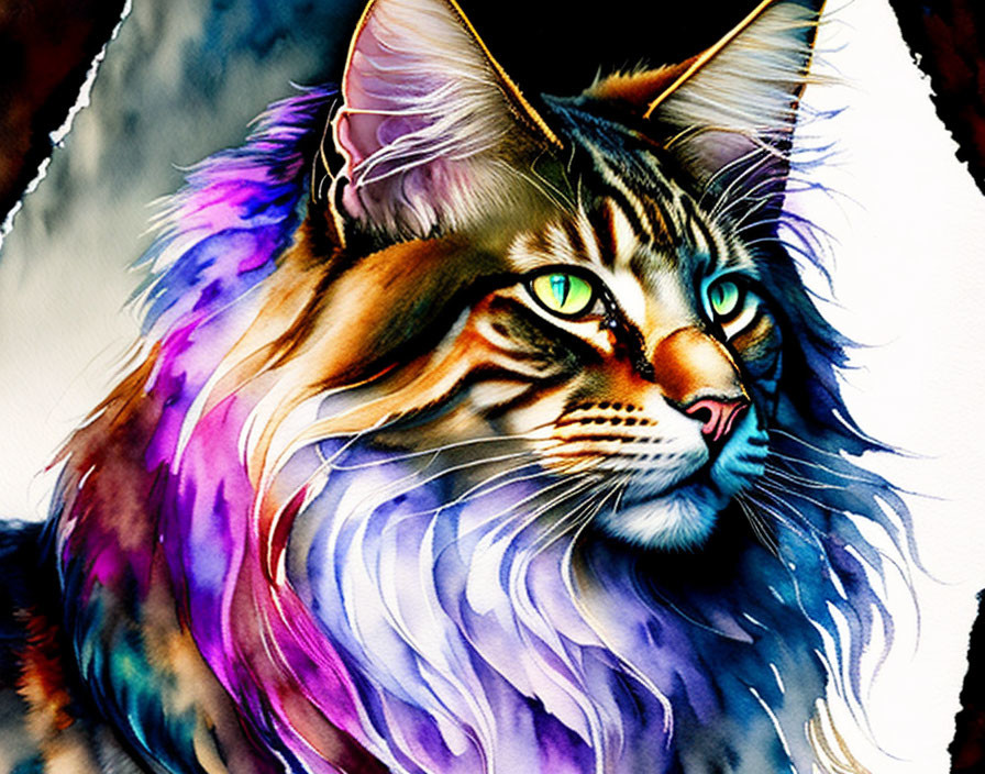 Vibrant cat portrait with blue, purple, and green fur & green eyes