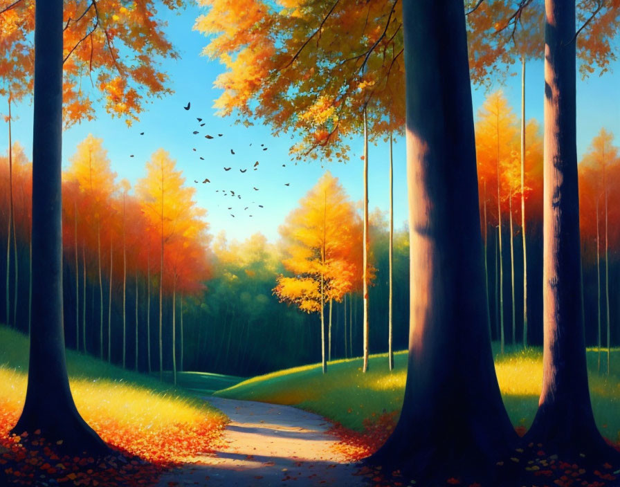 Tranquil autumn forest scene with vibrant leaves and flying birds