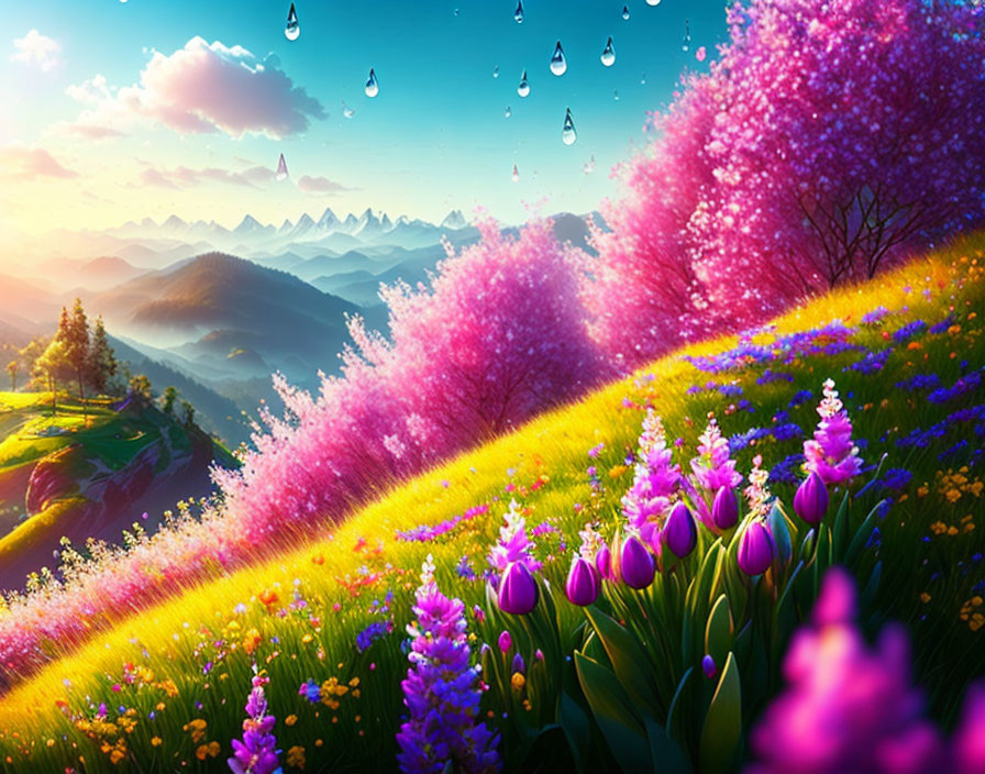 Colorful hillside with pink trees, purple and yellow flowers, and mountain range under bright sky.