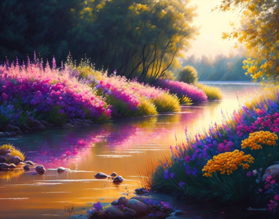 Tranquil river with colorful flowers at sunrise or sunset