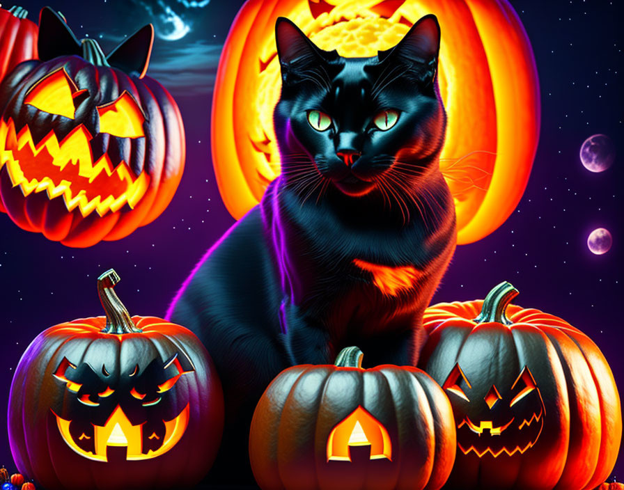 Black cat among carved pumpkins under starry night sky with full moon