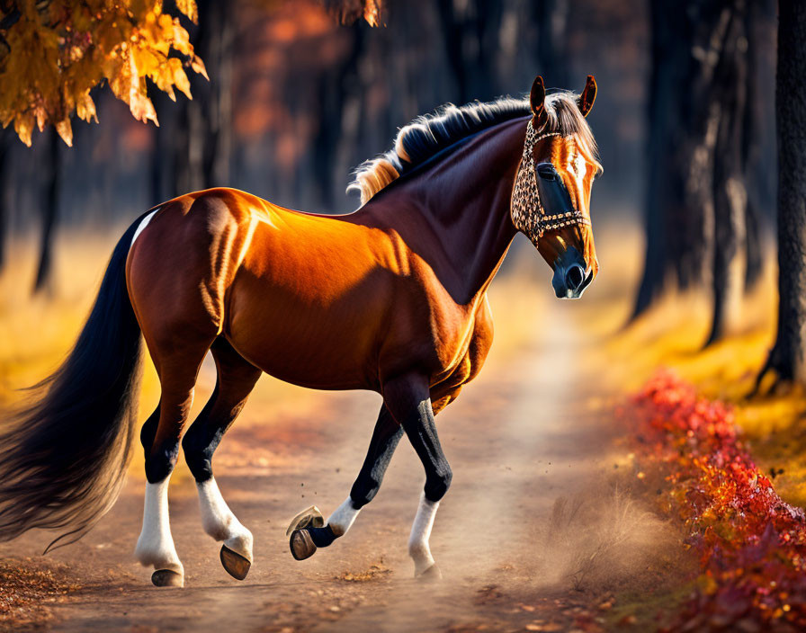 Chestnut horse in bridle prancing down tree-lined path with autumn leaves