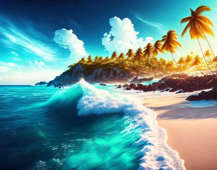 Tropical beach scene with palm trees, crashing waves, blue skies, and vibrant sunset glow