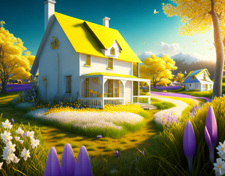 Colorful digital artwork: Yellow house, white porch, lush garden, bright blue sky