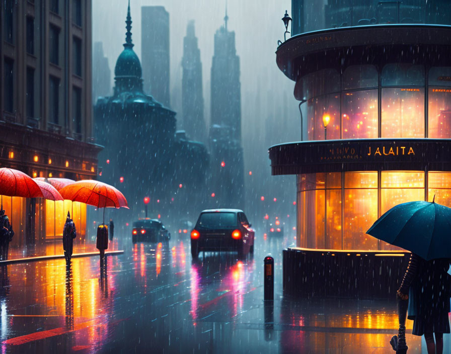 City street at dusk: pedestrians with colorful umbrellas, cars, wet pavement.