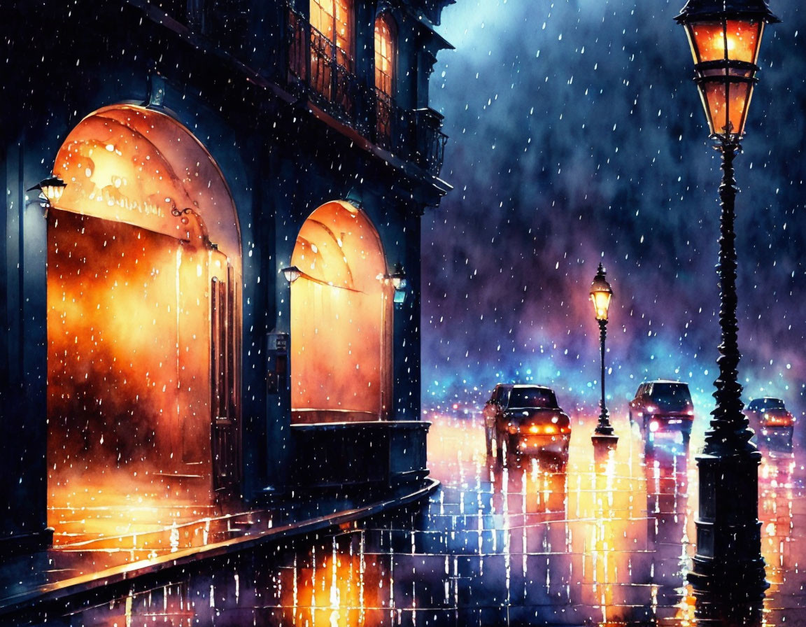 Rainy evening scene: glowing street lamps, wet pavement, passing cars, and warm shop light under