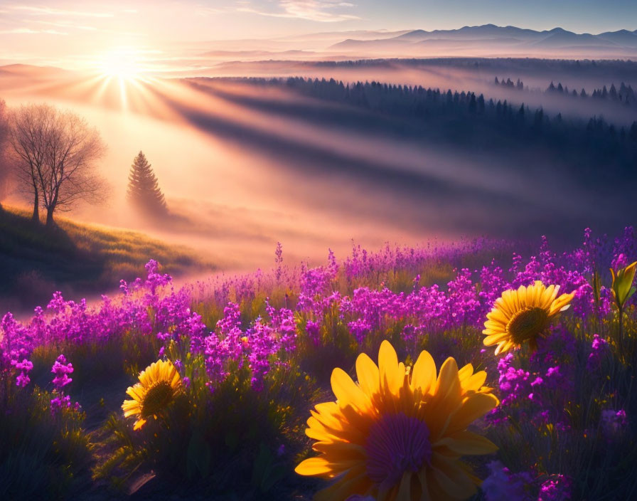 Vibrant sunrise over meadow with purple flowers and misty mountains