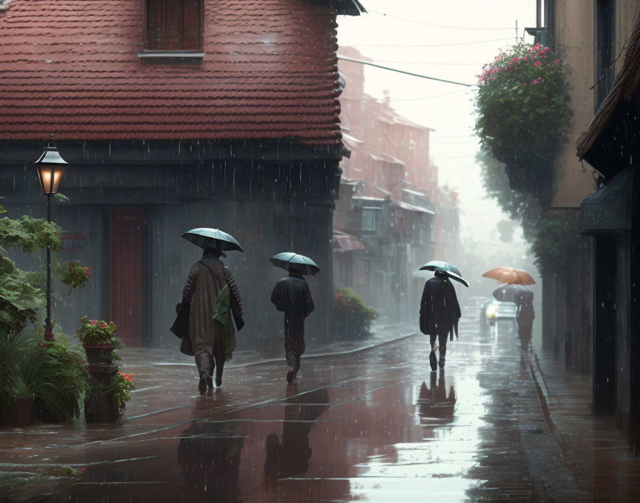 People with umbrellas walking on wet street in rain shower with old buildings & street lamp