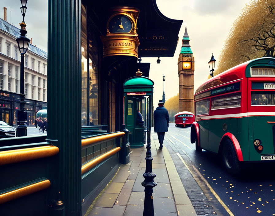 London scene: Red bus, Big Ben, person walking, street lamps