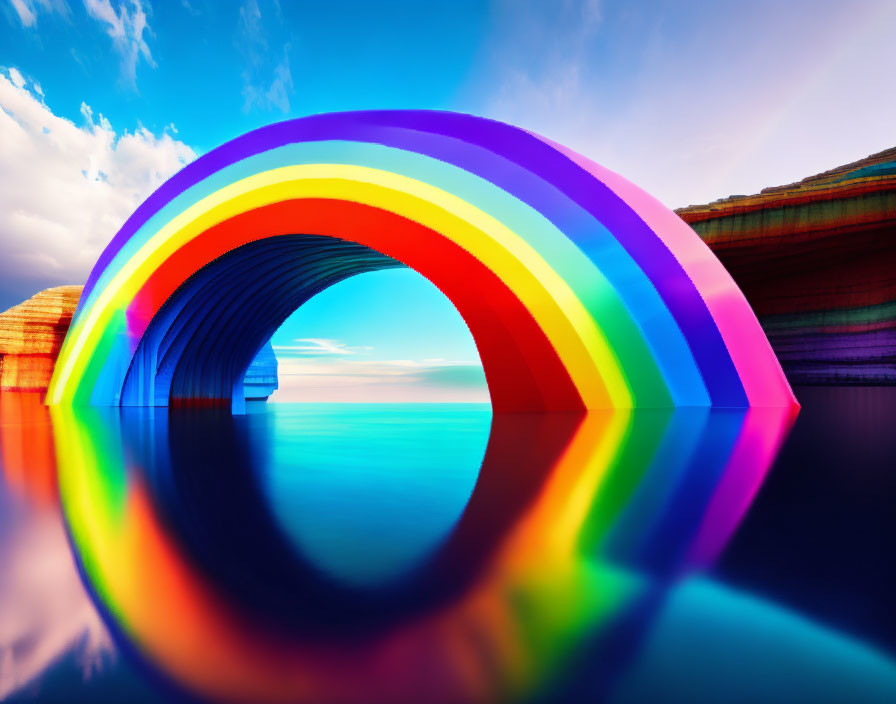 Colorful rainbow reflected in water with multicolored rock formation and cloudy sky