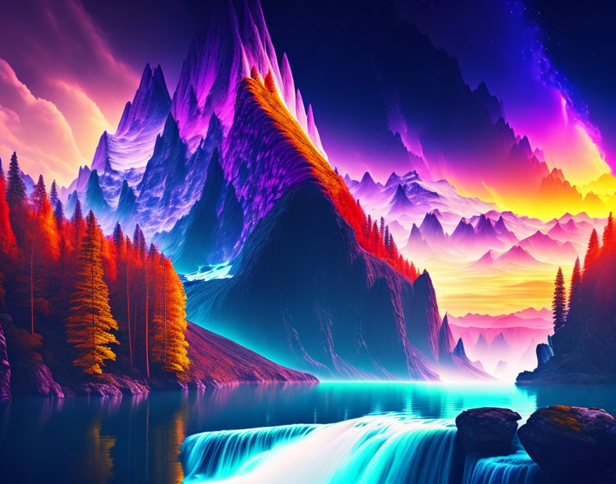 Vivid landscape with waterfall, neon-blue river, autumn trees, mountain peaks under starry sky