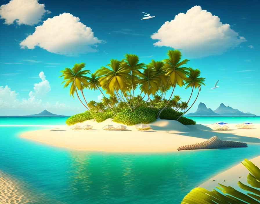 Tropical Island Scene with Palm Trees and Blue Sky