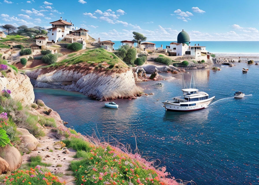 Picturesque Coastal Village with White Houses, Dome Building, Rocky Shores, Boats, and Wild