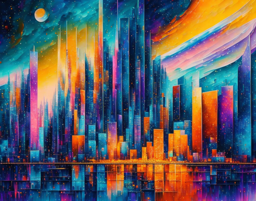 Colorful cityscape with starry sky, skyscrapers reflected in water, and cosmic backdrop