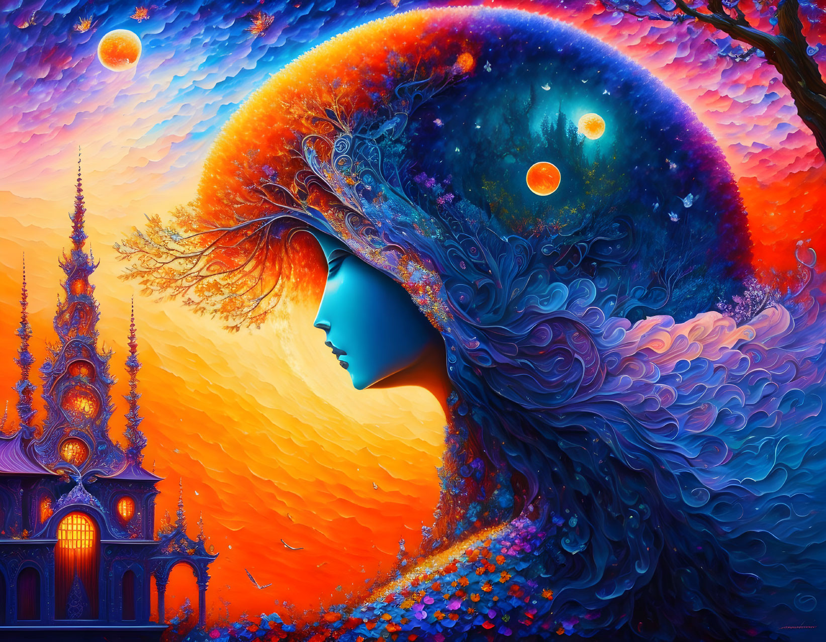 Colorful surreal artwork: face profile merges with cosmic landscape