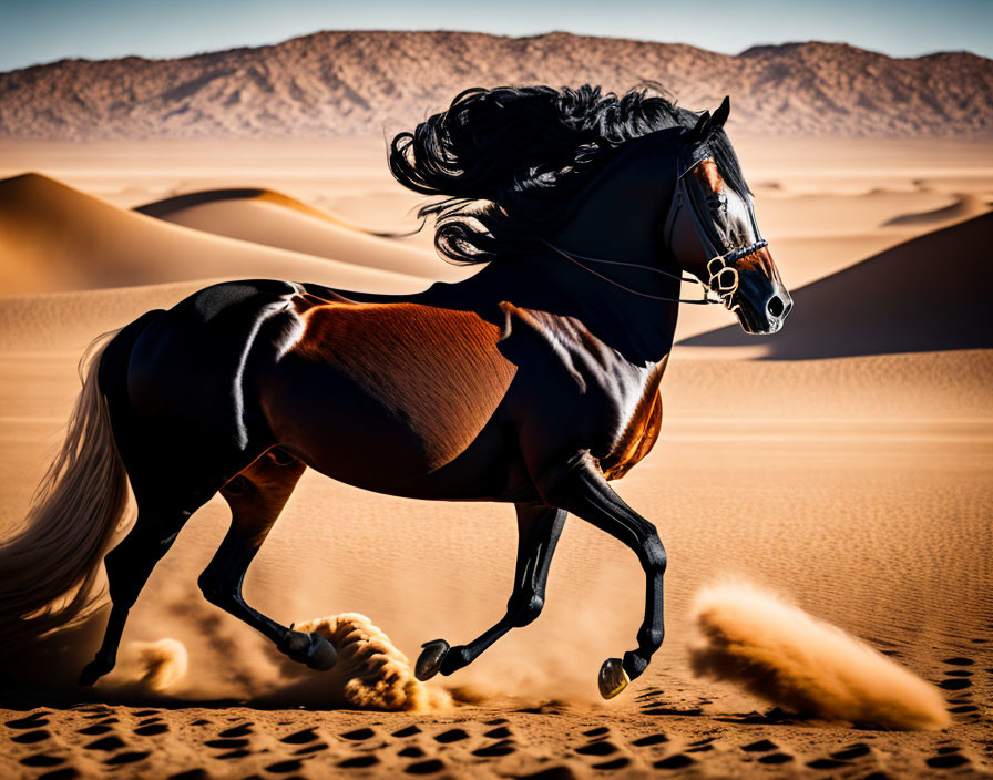 Majestic bay horse galloping in sandy desert landscape