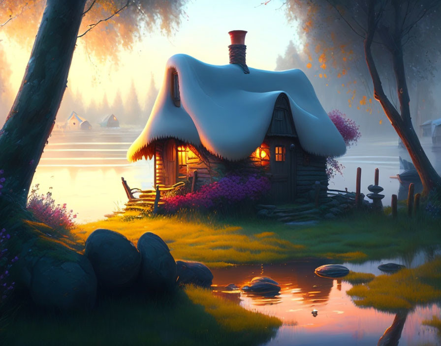 Tranquil lake sunset scene with charming cottage and lush foliage