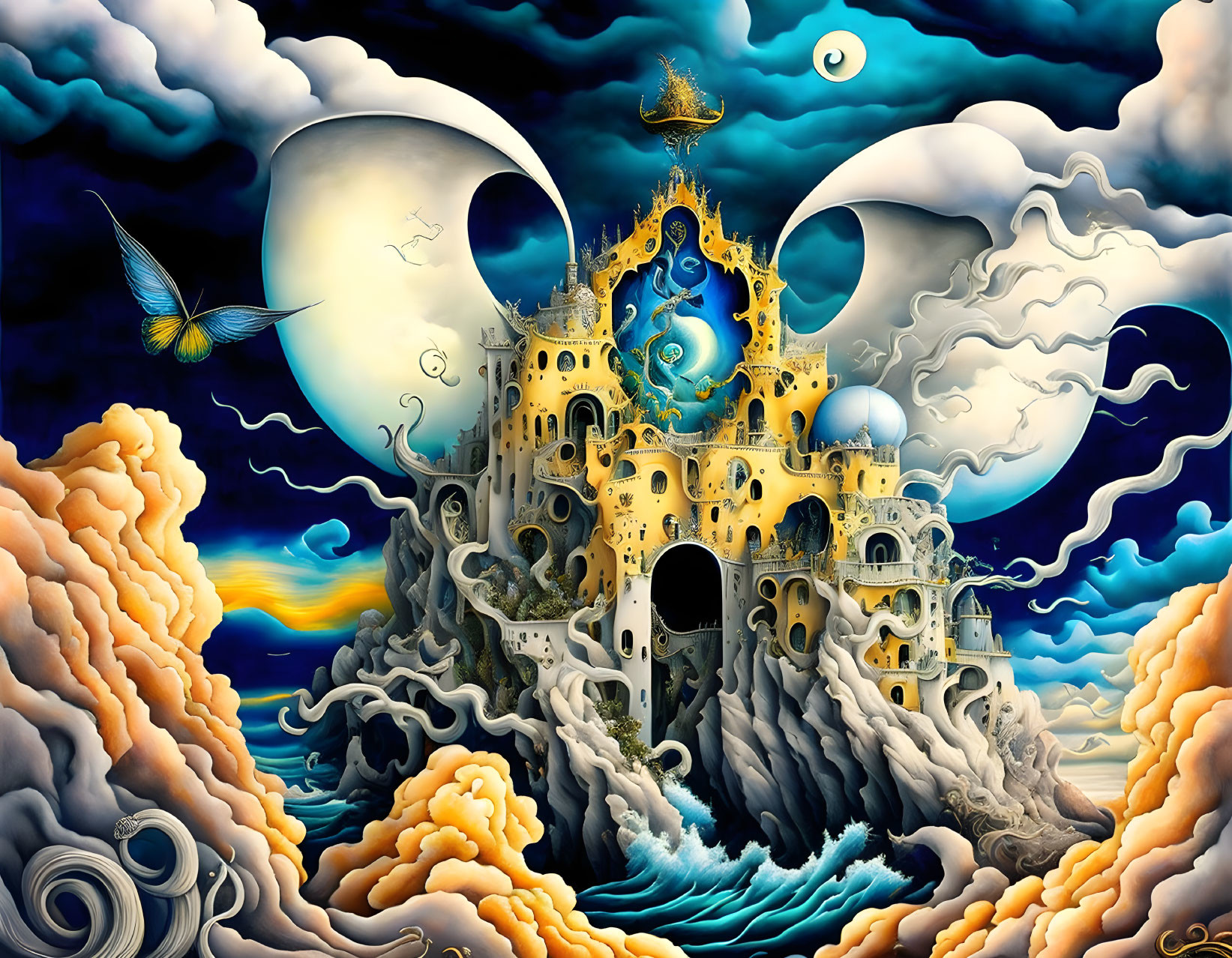 Surreal artwork: Fantastical castle in clouds with butterfly