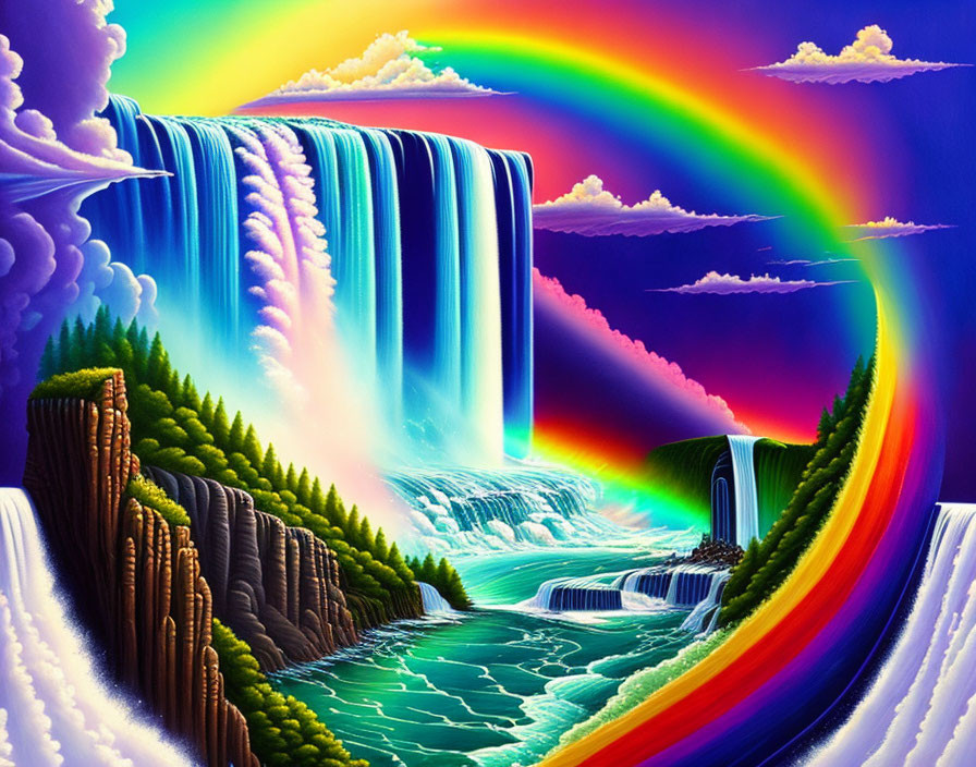 Colorful surreal landscape with waterfalls, rainbow, and lush greenery