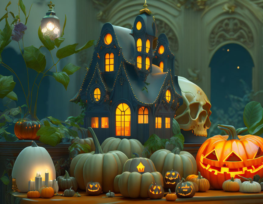 Whimsical Halloween illustration: Haunted house candle holder, pumpkins, skull in eerie glow