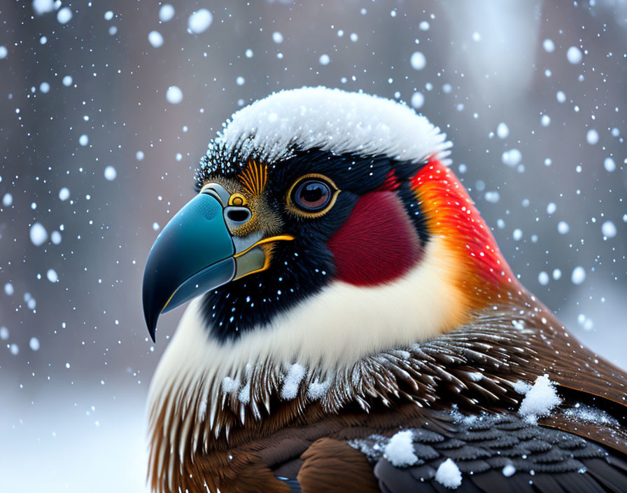 Colorful Pheasant with Vibrant Head and Snowflake-Dusted Feathers in Snowfall