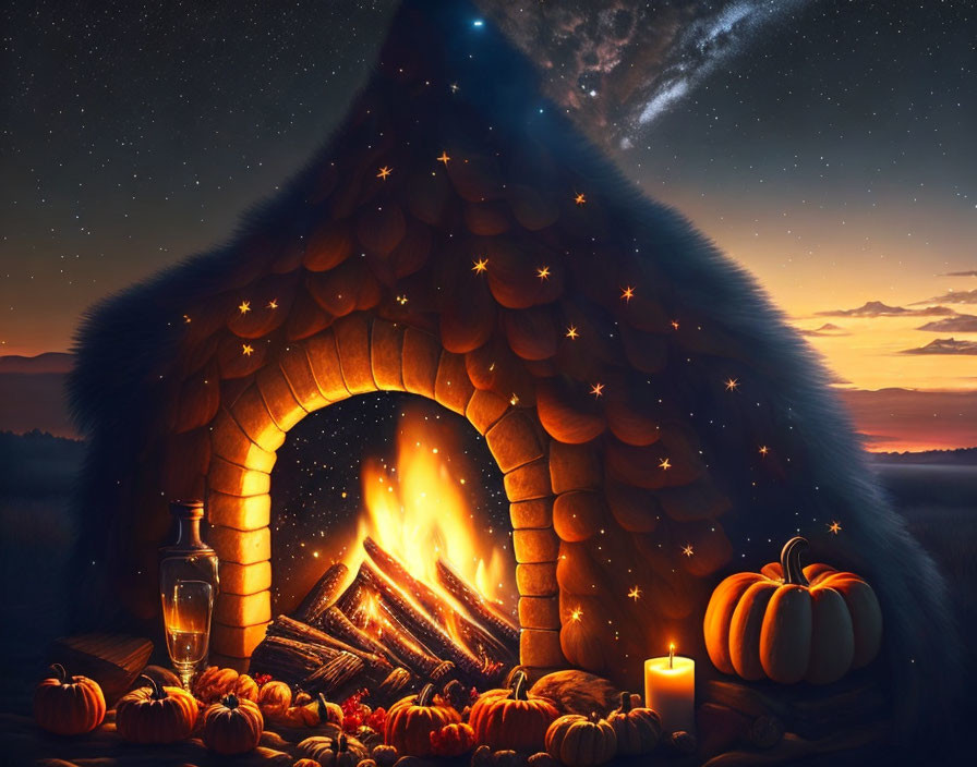 Autumnal outdoor fireplace with pumpkins, candles, and starlit sky