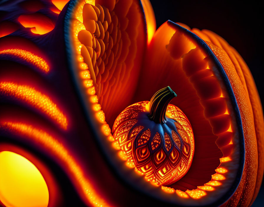 Intricately Carved Pumpkin Illuminated with Detailed Patterns