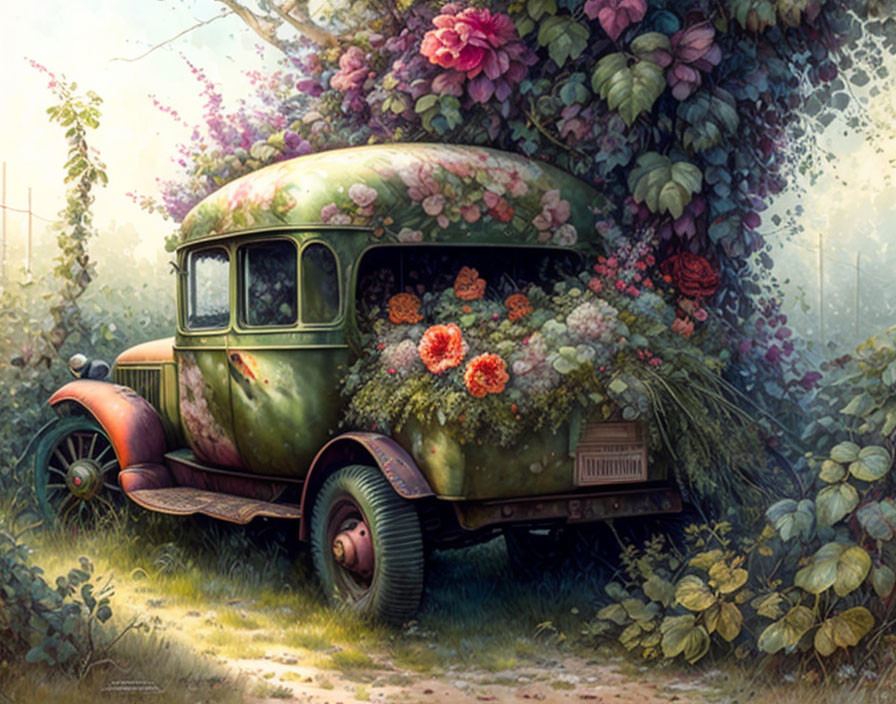 Abandoned moss-covered car in magical forest with vibrant flowers