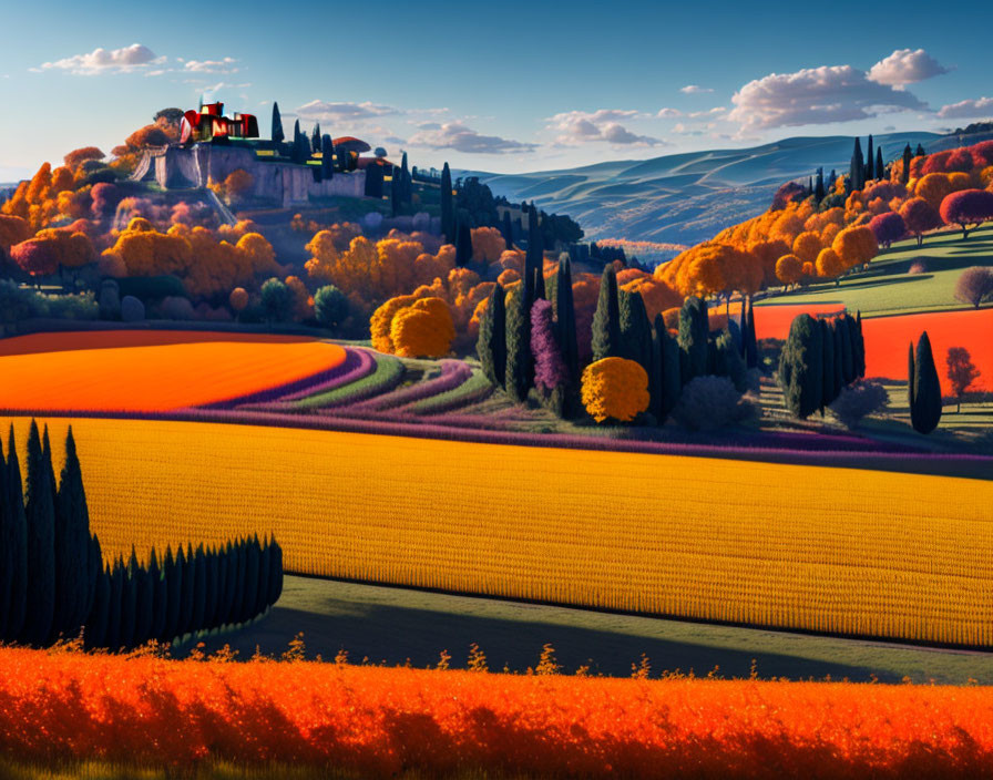 Vibrant yellow and red fields on rolling hills with colorful trees and lone building