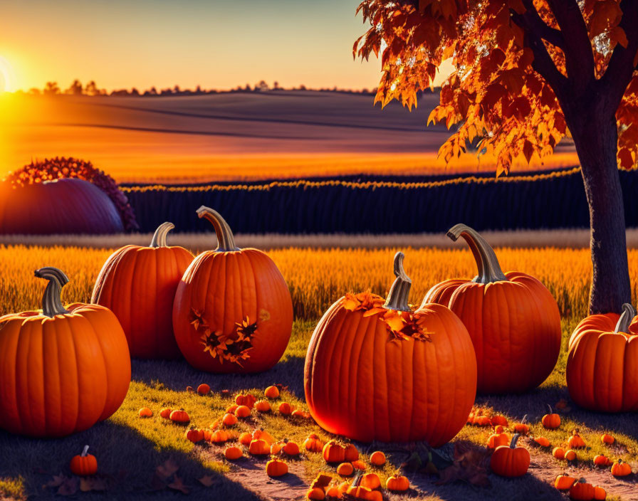 Carved Pumpkin Designs on Farm at Sunset