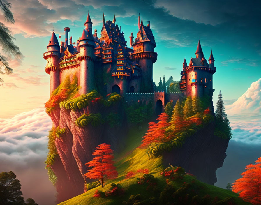 Fairytale castle on cliff at sunset surrounded by forest