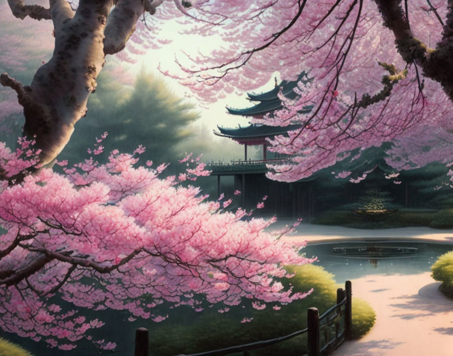 Tranquil cherry blossom landscape with pagoda and pond