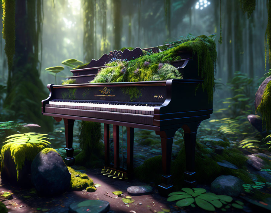 Moss-covered grand piano in mystical forest with sunbeams.