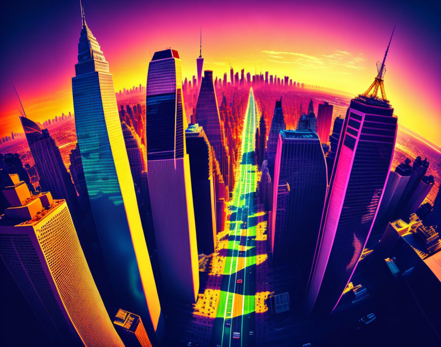 Colorful stylized cityscape at sunset with neon skyscrapers.