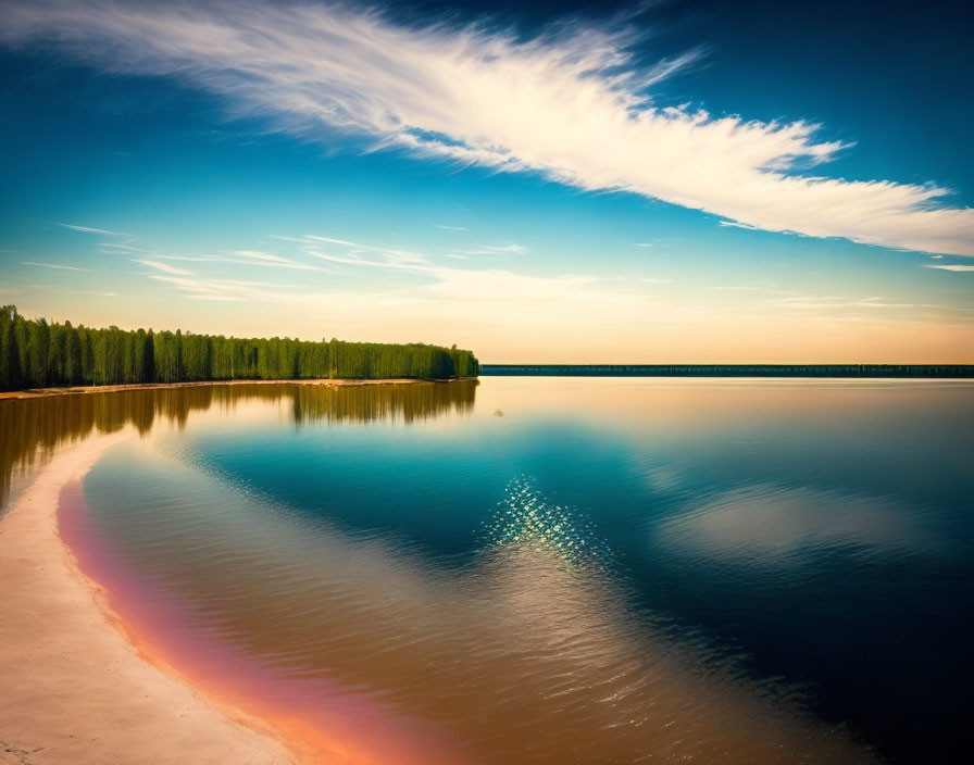 Tranquil sunset scene: lake, sandy shore, forested horizon, wispy clouds