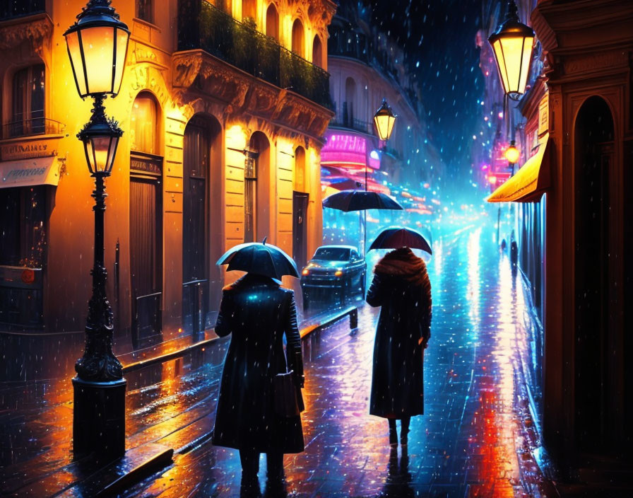 Rainy night city street with people holding umbrellas