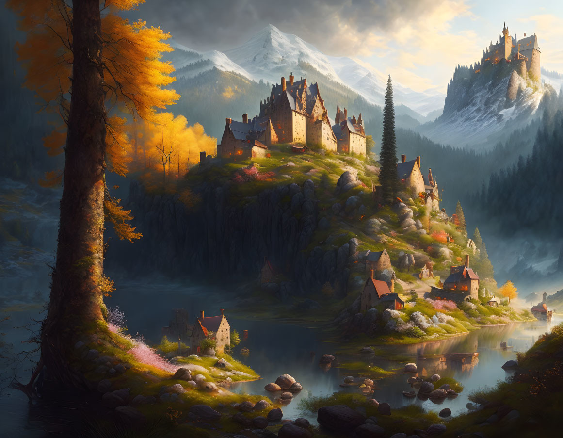 Majestic castles in serene fantasy landscape