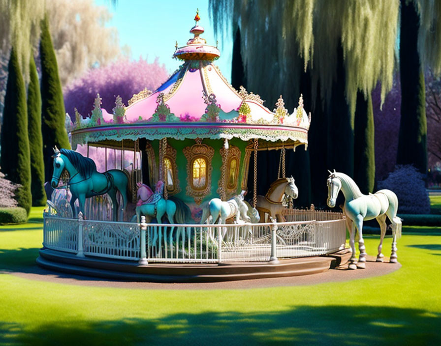 Vibrant horse carousel in lush park with blooming trees