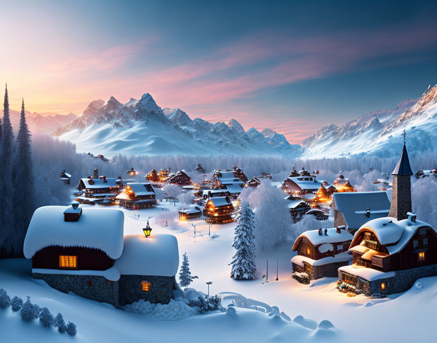 Snow-covered winter village at dusk with cozy homes, church, and mountains.