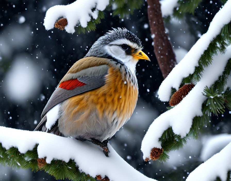 Colorful Bird with Red Wing Patch Perched on Snowy Branch