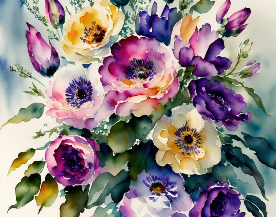 Colorful Watercolor Painting of Flowers in Purple and Pink Tones